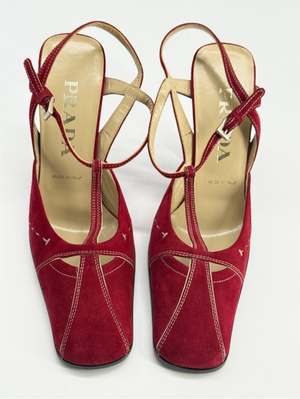 Prada Red Suede T-Strap Slingback Heels Size 37.5 - Picture 8 of 9